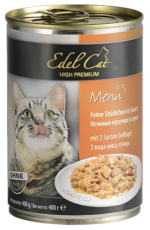 Консервы для кошек Edel Cat, 3 вида мяса, нежные кусочки в соусе, 12 шт по 400 г