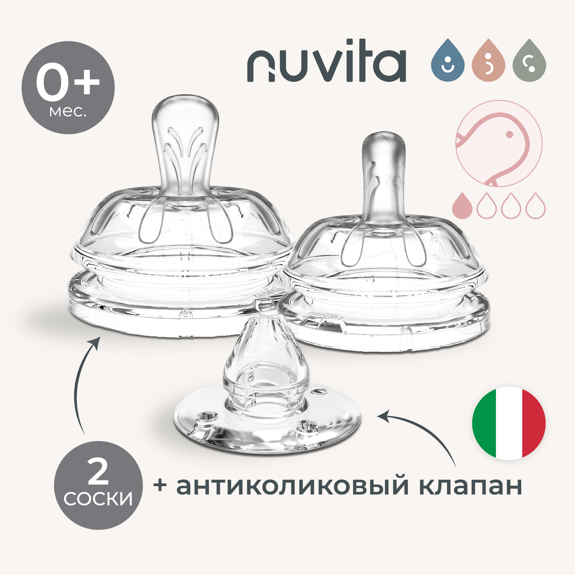 Набор Nuvita Teats Flow 1 силиконовая соска для бутылочек и антиколиковый клапан 2 шт 1090₽