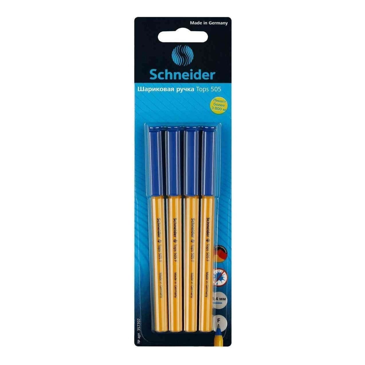 

Набор шариковых ручек Schneider Tops 505 F линия письма 0,8 мм цвет чернил синий 4 шт