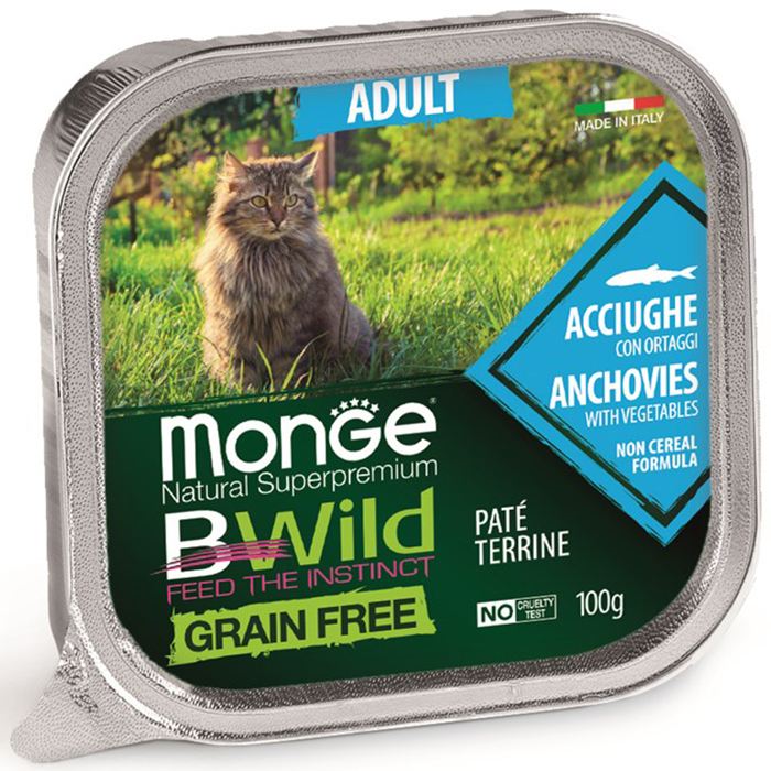 

Влажный корм для кошек Monge BWild Grain Free, Анчоусы с овощами, 32шт по 100г