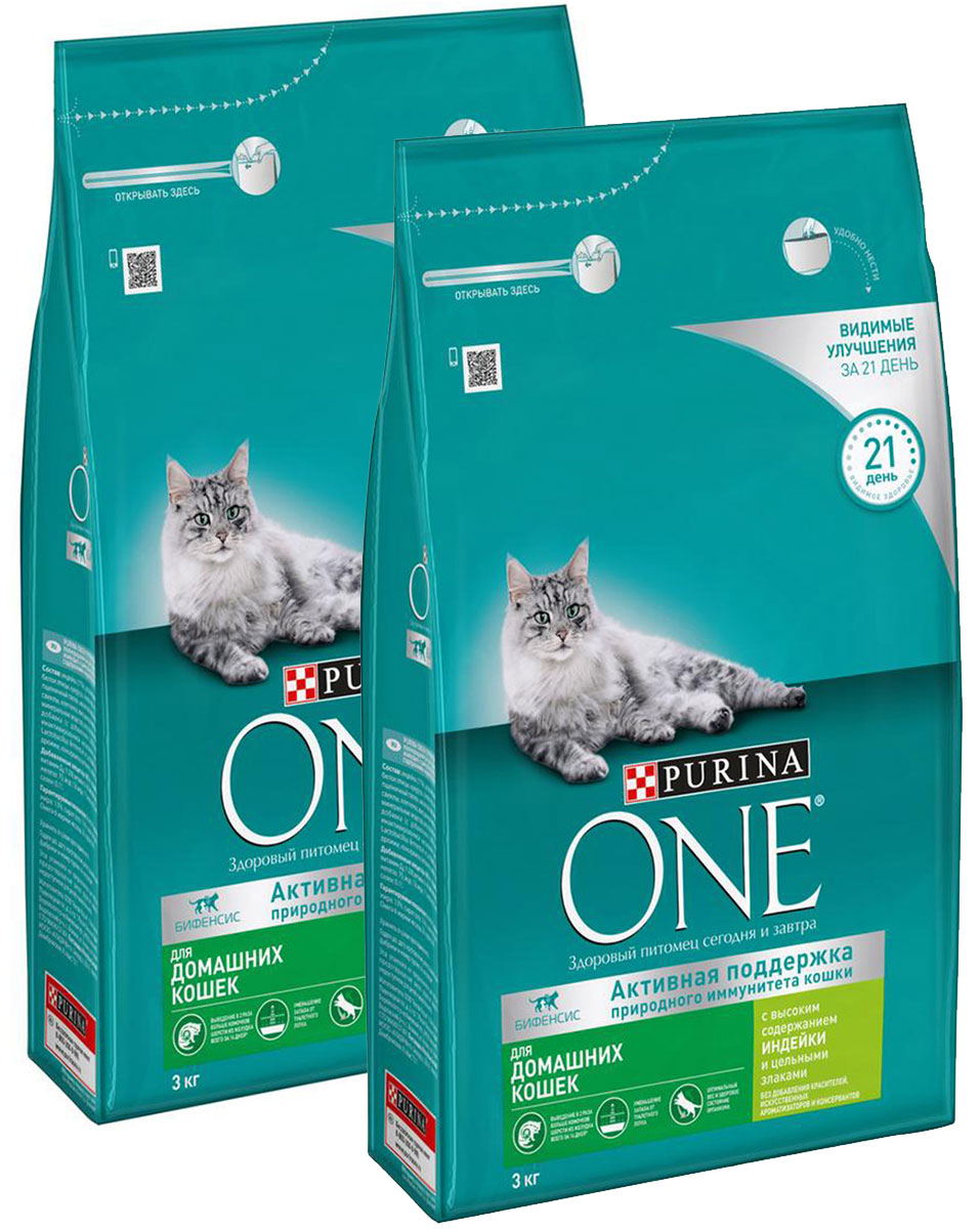 

Сухой корм для кошек Purina One с индейкой и злаками, 2 шт по 3 кг