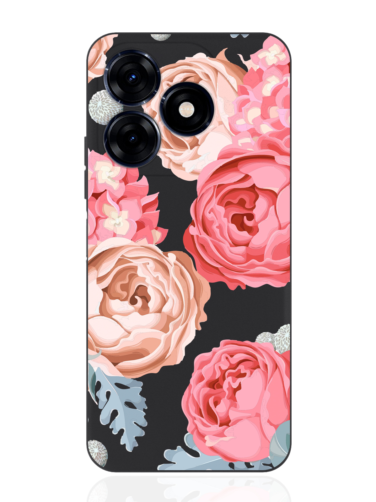 

Чехол для смартфона Tecno Spark 20C черный силиконовый Пионы, Розовый