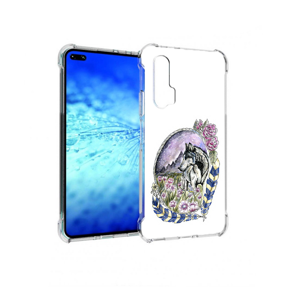 Чехол MyPads Tocco для Huawei View 30 Pro нарисованный волк в цветах с перьями
