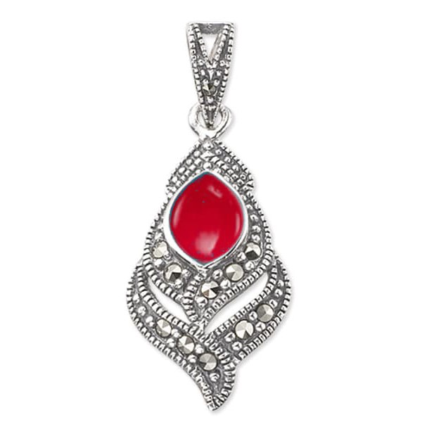 

Кулон из серебра с марказитом/кораллом искусственным Марказит HP300, HP300_марказит, коралл синт.