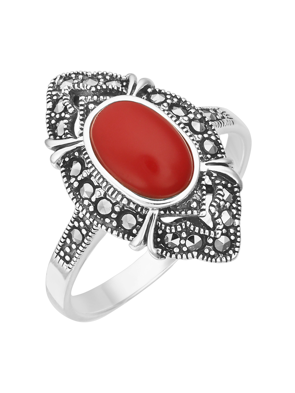 

Кольцо из серебра с марказитом/кораллом искусственным р. 19 Марказит HR1049, HR1049_марказит, коралл синт.