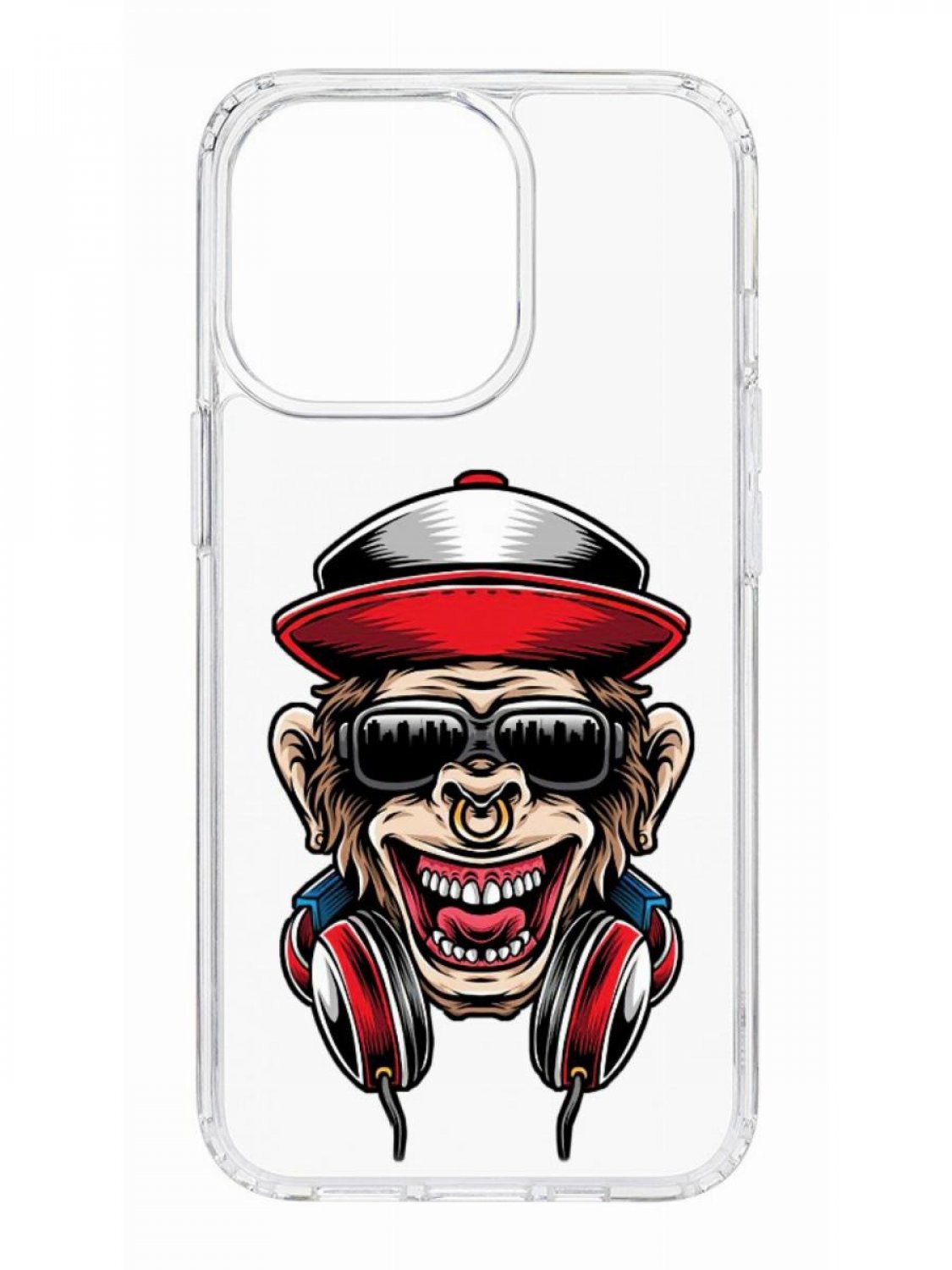 

Противоударный чехол для Apple iPhone 13 Pro КRUЧЕ Print Обезьяна с наушниками прозрачный, Чехол на айфон 13 Про с защитой камеры