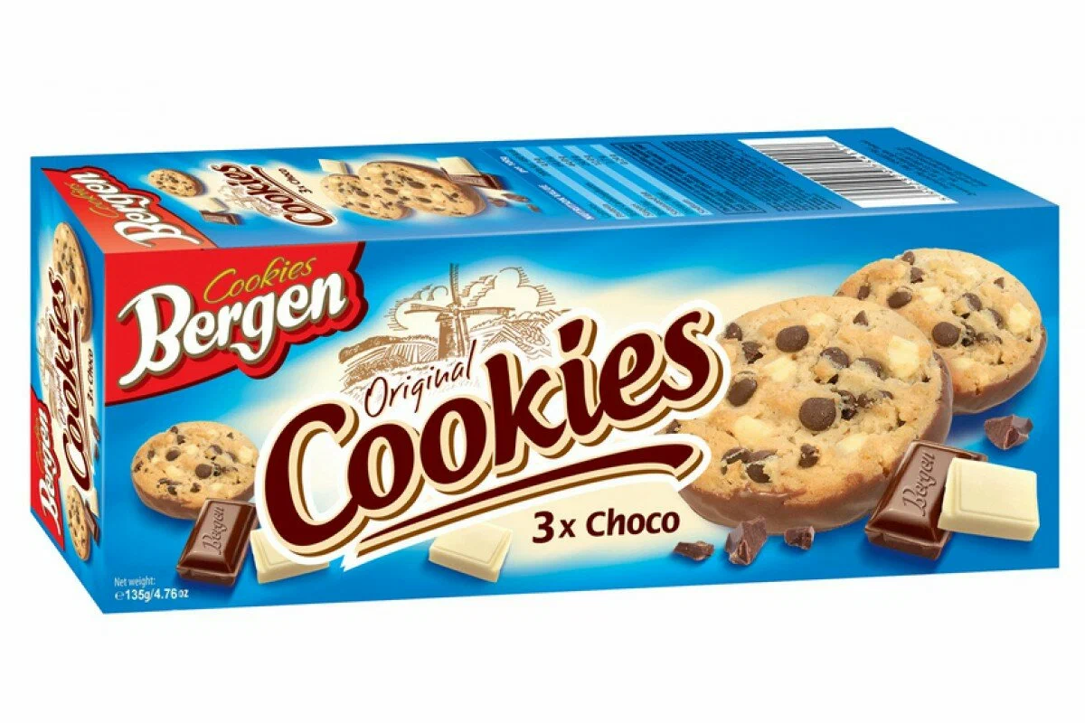 

Печенье Bergen Original Cookies с кусочками белого, молочного и темного шоколада 135 гр,, spometBERGEN