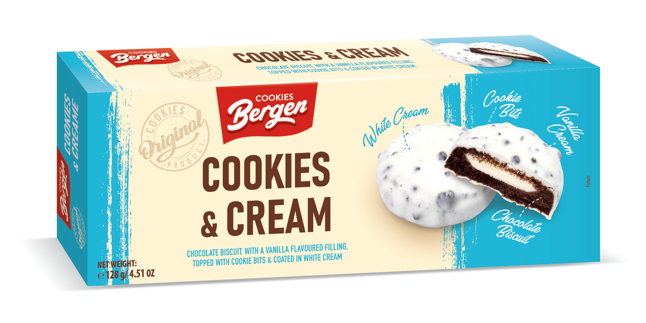 Печенье Bergen Cookies & Cream шоколадное с ванильным кремом в белой глазури 128 г