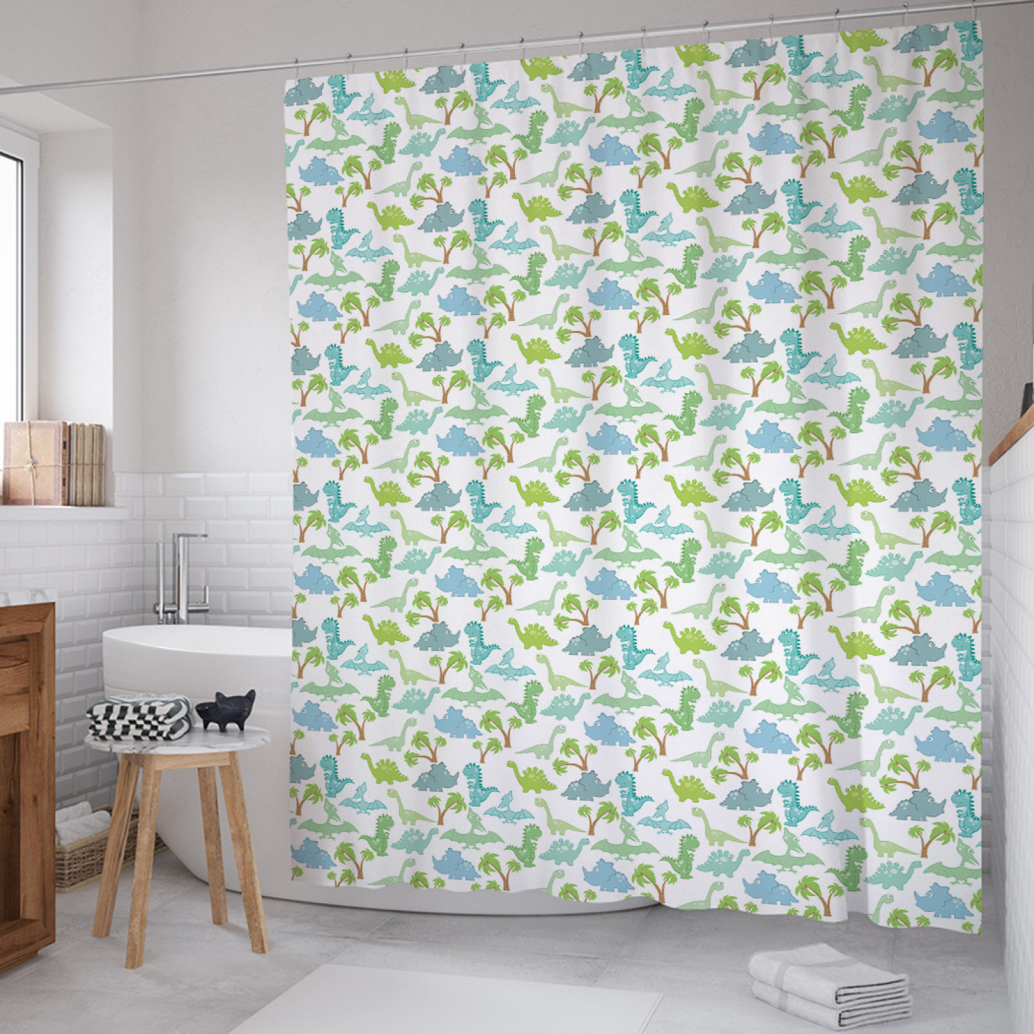 

Штора для ванной JoyArty "Динозаврики на прогулке" из сатена, 180х200 см с крючками, Голубой, Динозаврики на прогулке