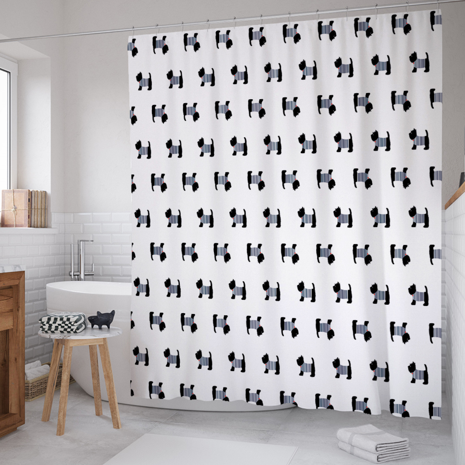 

Штора для ванной JoyArty "Пес в полосатой одежде" из сатена, 180х200 см с крючками, Белый, Пес в полосатой одежде