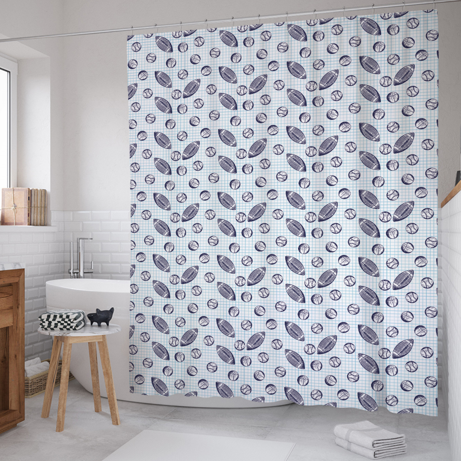 

Штора для ванной JoyArty "Мячи американских игр" из сатена, 180х200 см с крючками, Голубой, Мячи американских игр