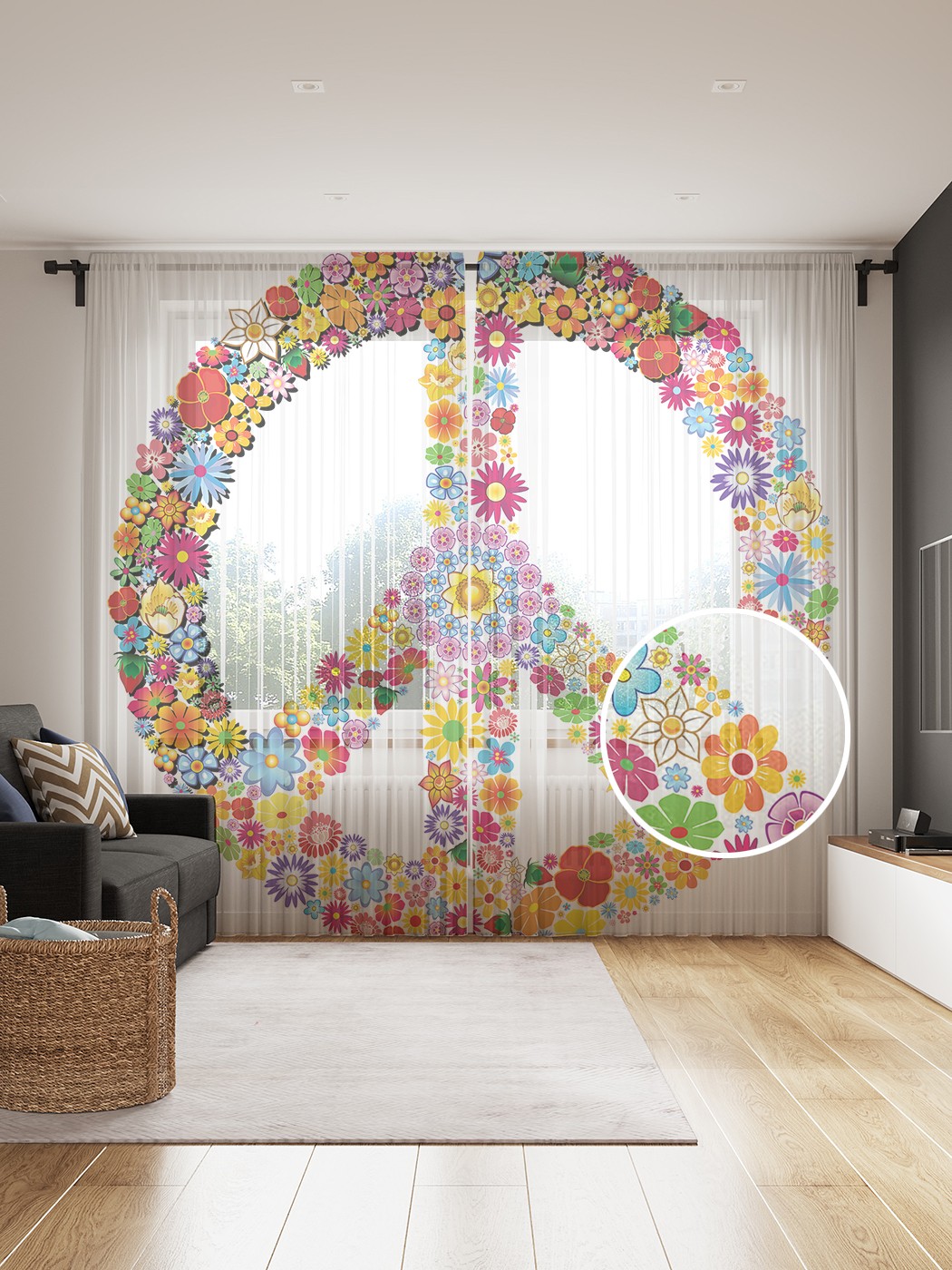 

Фототюль JoyArty "Цветочный символ хиппи", 145x265см, 2 полотна, лента, 50 крючков, Цветочный символ хиппи