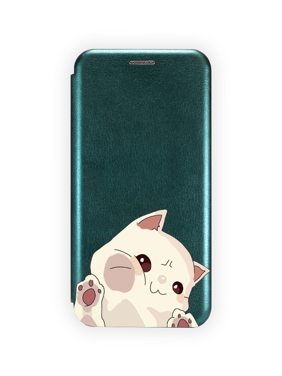 Чехол для Samsung A54 5G с магнитом, изумрудный с принтом БЕЛЫЙ КОТИК