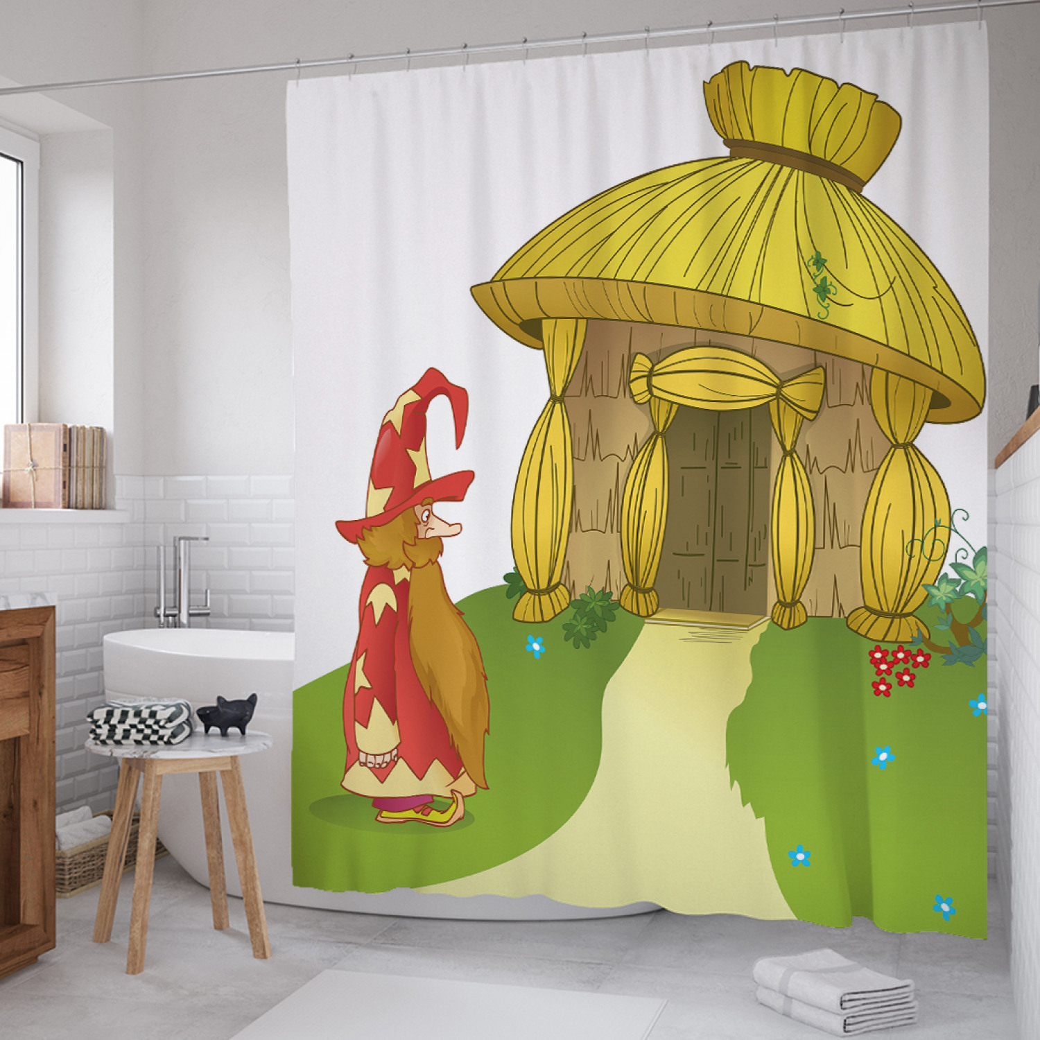 

Штора для ванной JoyArty "соломенный домик" из сатена, 180х200 см с крючками, Белый, соломенный домик