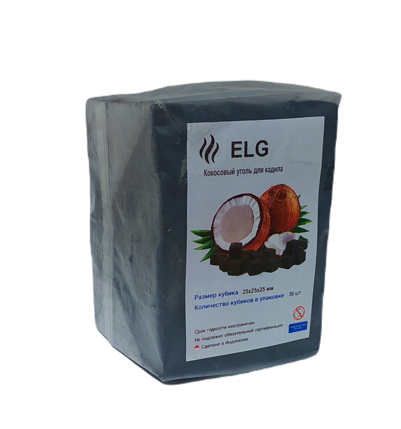 фото Уголь кадильный кокосовый elg в упаковке 36 кубиков, размер кубика 25х25х25мм