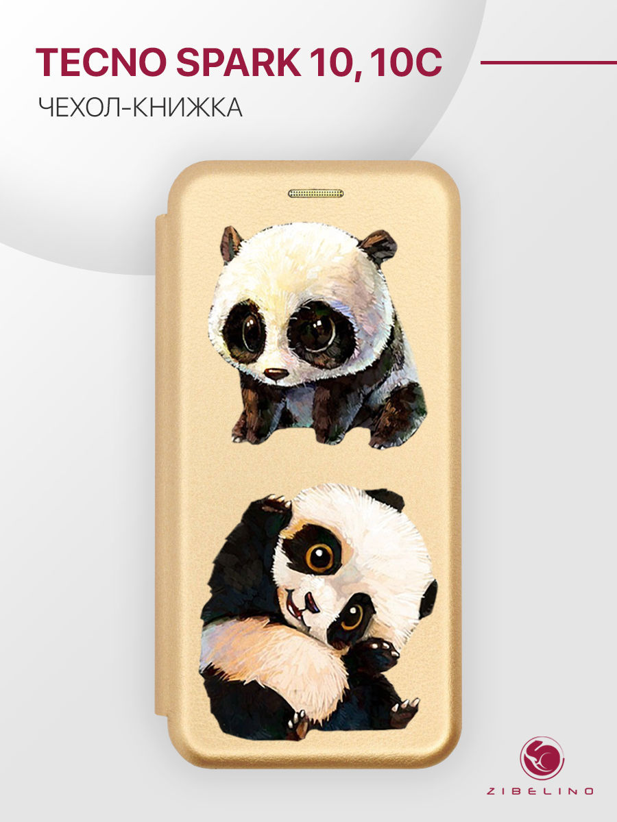 

Чехол для Tecno Spark 10, Tecno Spark 10C с магнитом, золотистый с принтом ДВЕ ПАНДЫ, ZB-TCN-S10