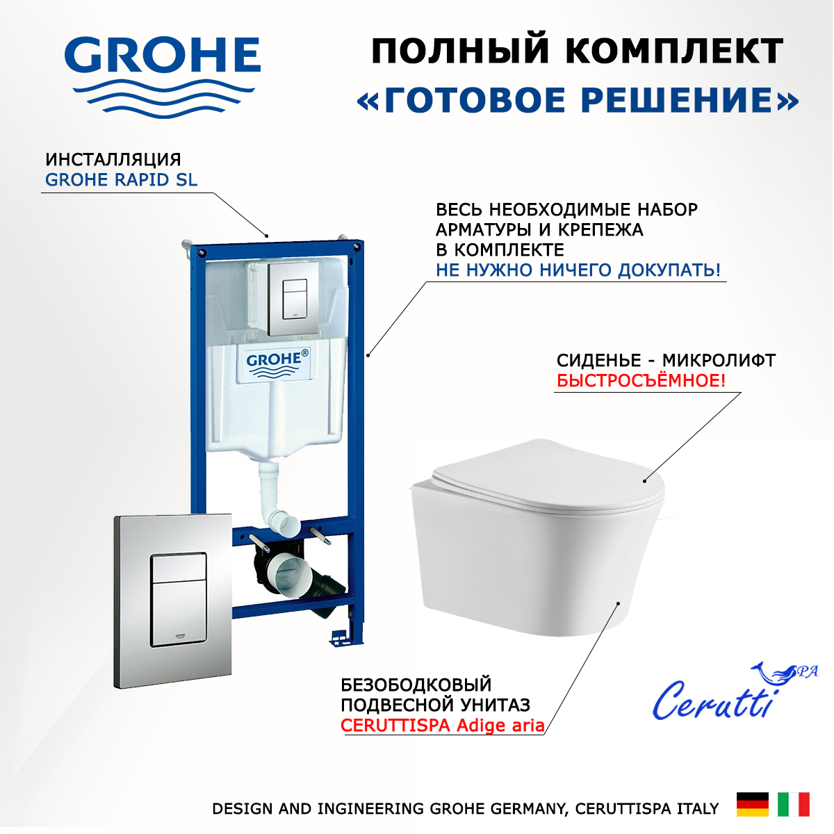 Комплект инсталляция Grohe + унитаз Adige Aria + кнопка хром