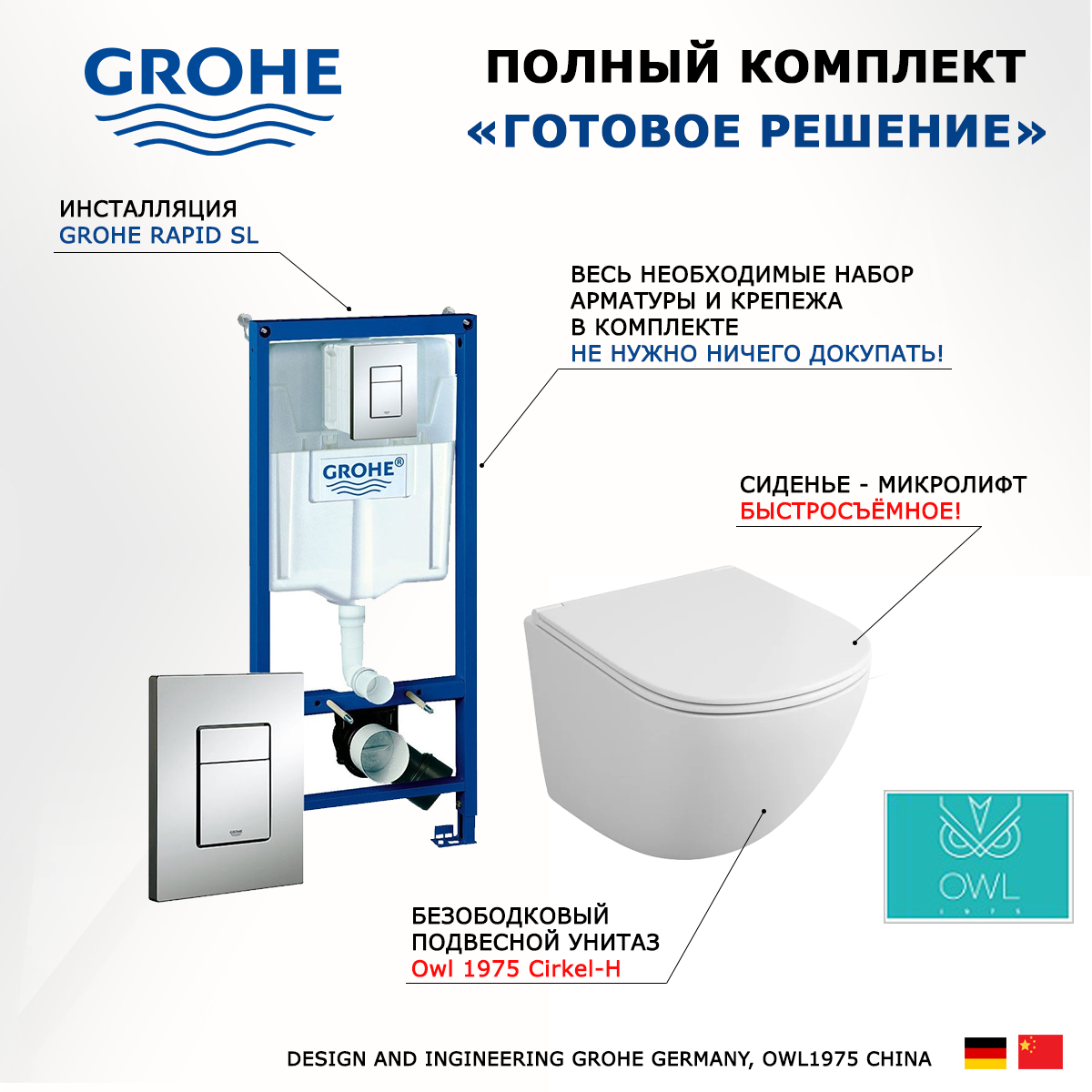 

Комплект инсталляция Grohe + Унитаз Owl 1975 Cirkel-H + кнопка хром