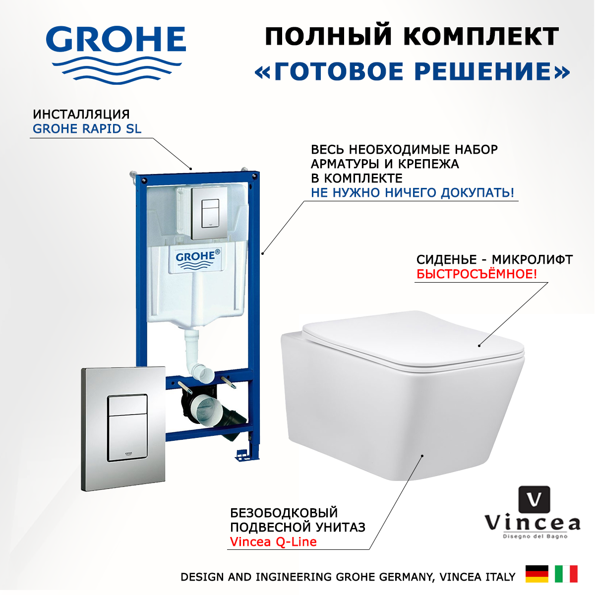 

Комплект инсталляция Grohe + Унитаз Vincea Q-Line + кнопка хром