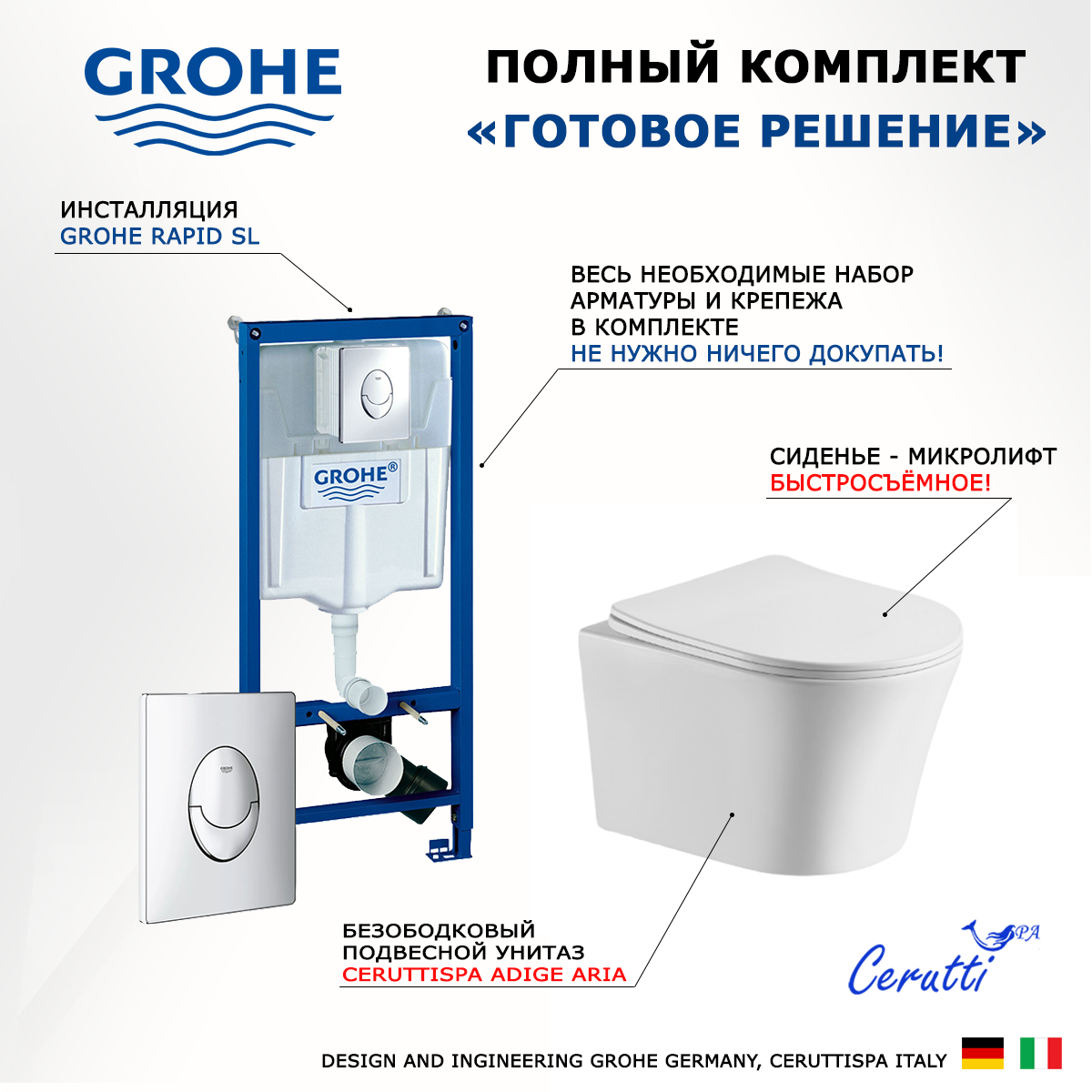 

Комплект инсталляция Grohe + унитаз Adige Aria + кнопка Skate Air