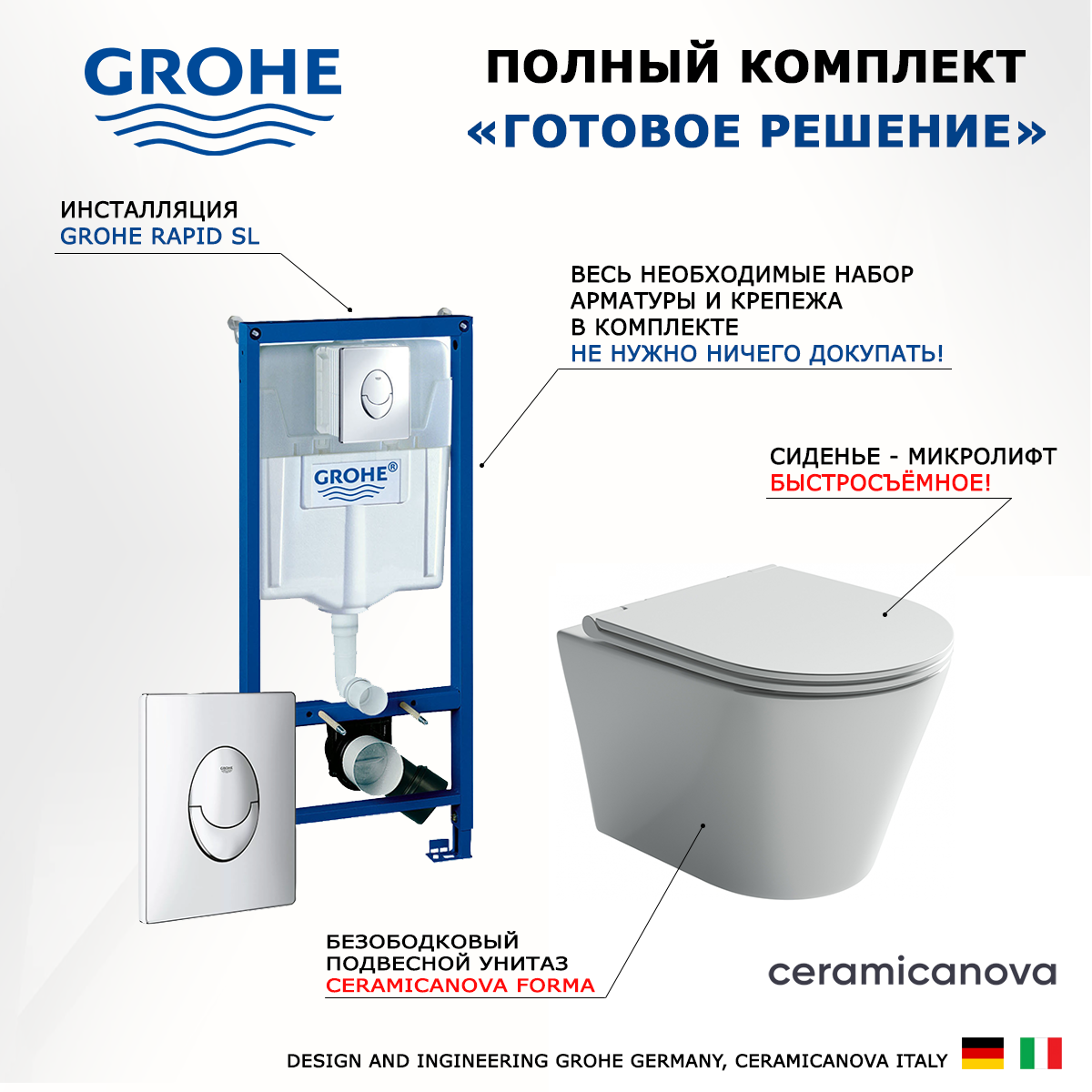 

Комплект инсталляция Grohe + Унитаз Ceramica Nova Forma + кнопка Skate Air