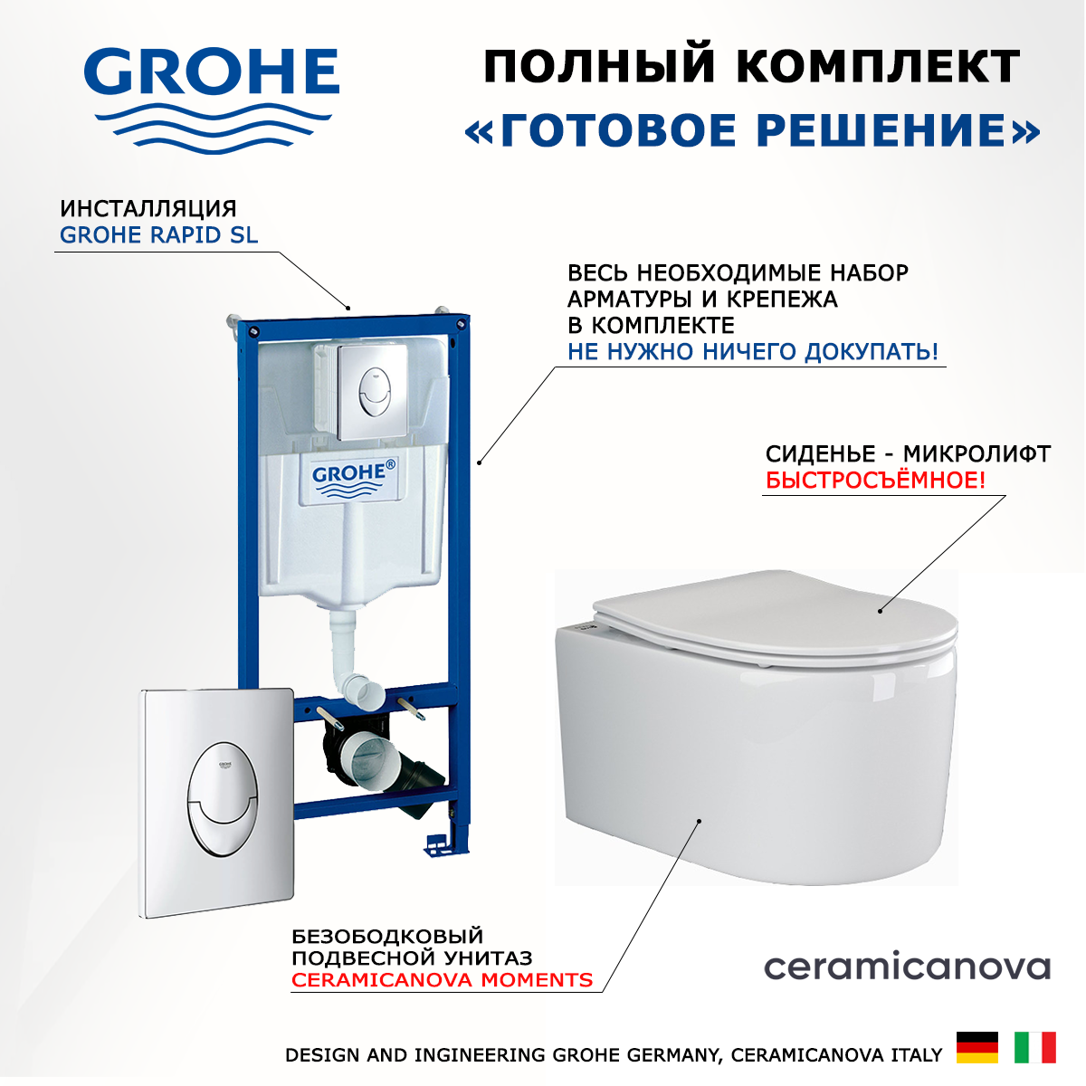 

Комплект инсталляция Grohe + Унитаз Ceramica Nova Moments + кнопка Skate Air