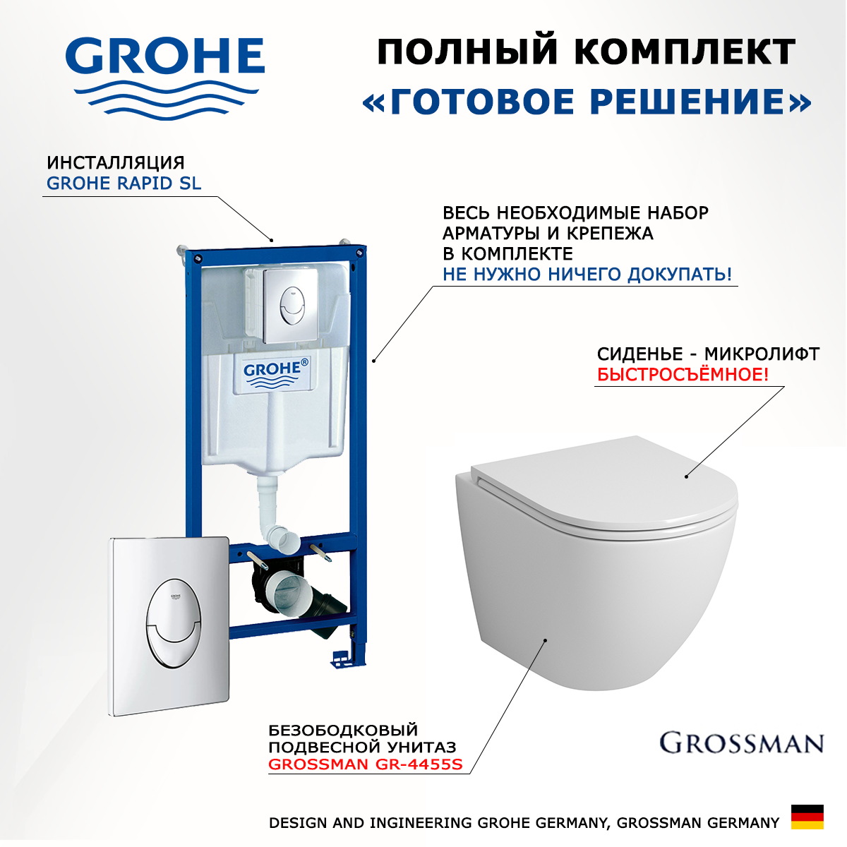 

Комплект инсталляция Grohe + Унитаз Grossman GR-4455S + кнопка Skate Air