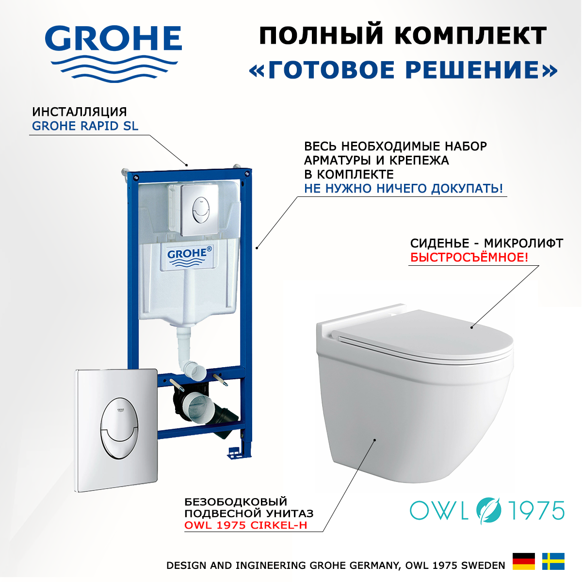 Комплект инсталляция Grohe + Унитаз Owl 1975 Cirkel-H + кнопка Skate Air