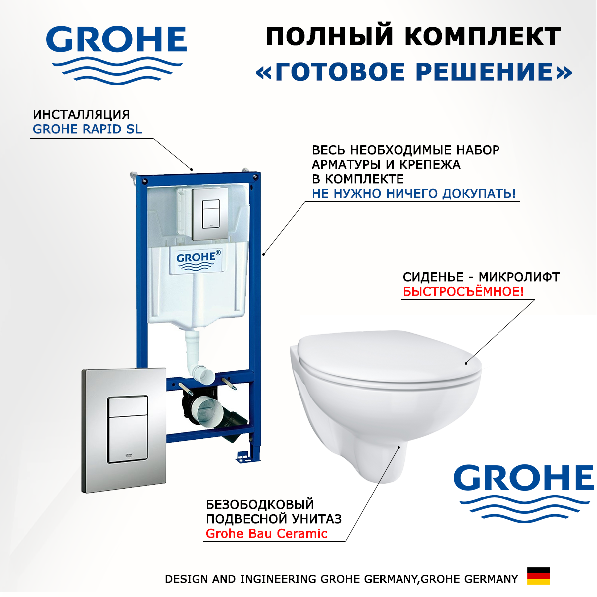 Комплект инсталляция Grohe + Унитаз Grohe Bau Ceramic + кнопка хром