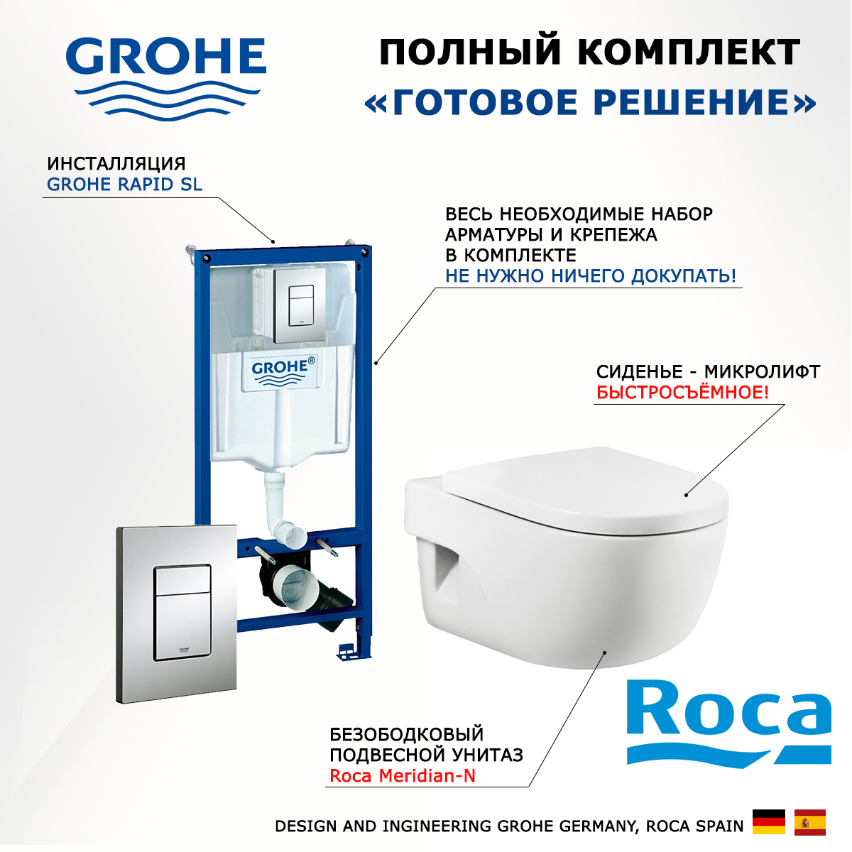 

Комплект инсталляция Grohe + Унитаз Roca Meridian-N + кнопка хром