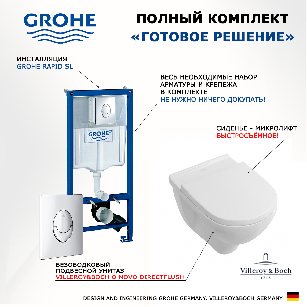 Комплект инсталляция Grohe + Унитаз Villeroy & Boch O Novo Directflush + кнопка Skate Air