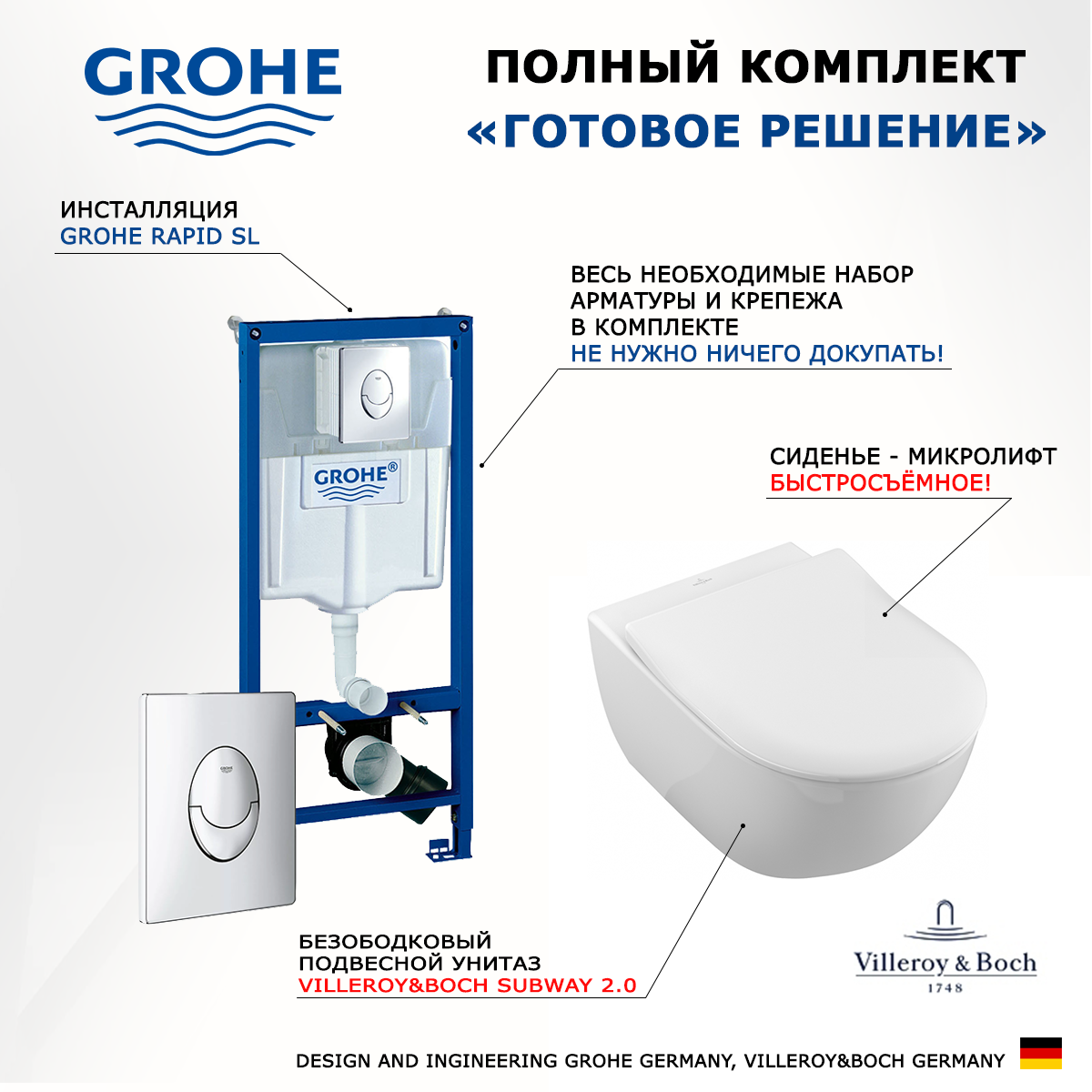 Комплект инсталляция Grohe + Унитаз Villeroy & Boch Subway 2.0 + кнопка Skate Air