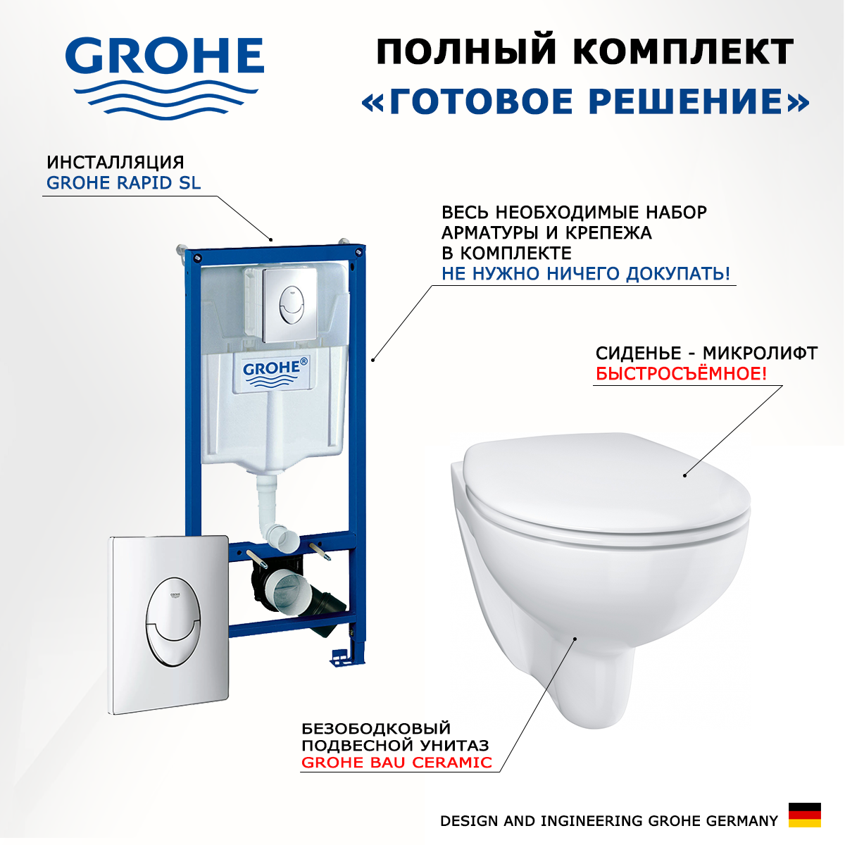 

Комплект инсталляция Grohe + Унитаз Grohe Bau Ceramic + кнопка Skate Air