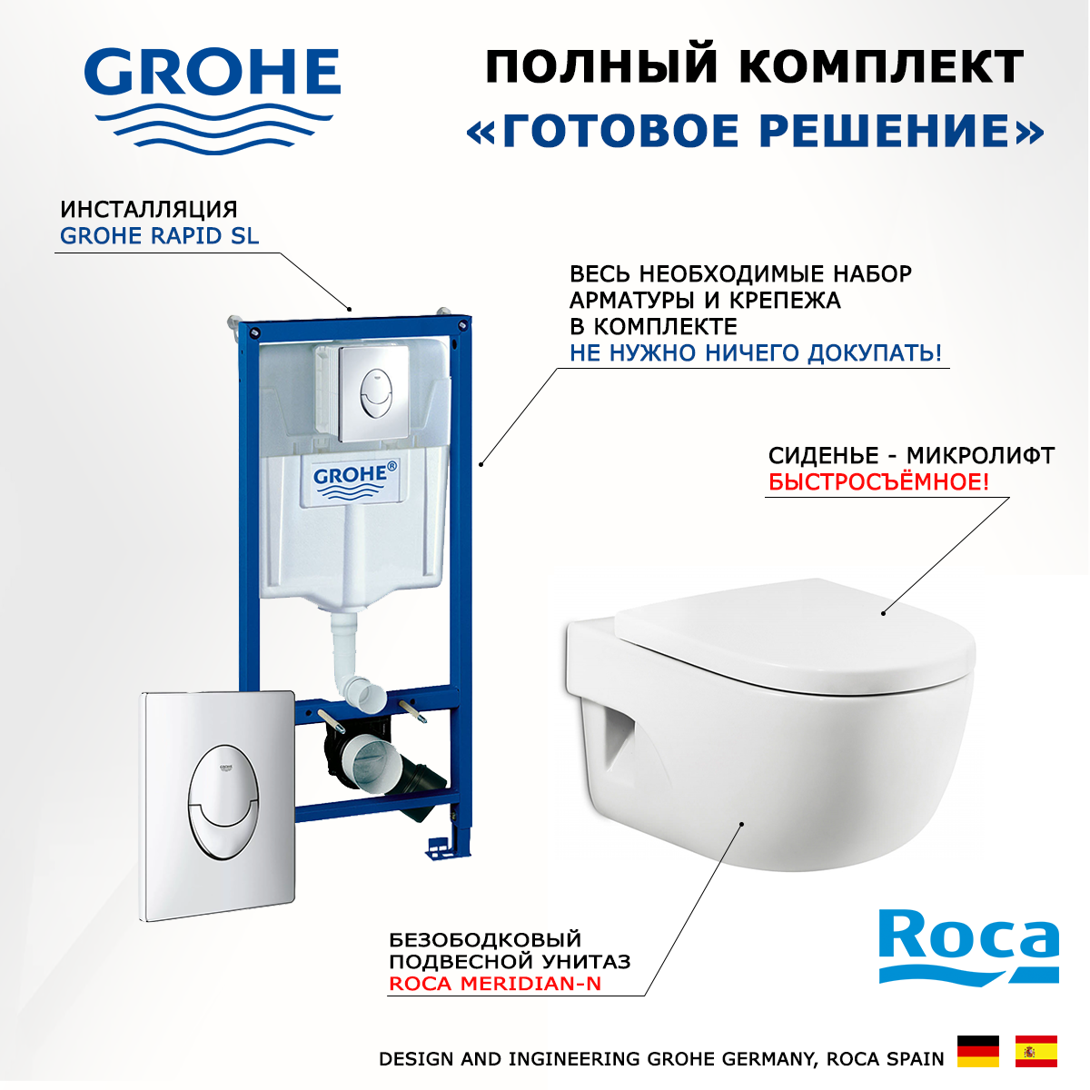 

Комплект инсталляция Grohe + Унитаз Roca Meridian-N + кнопка Skate Air
