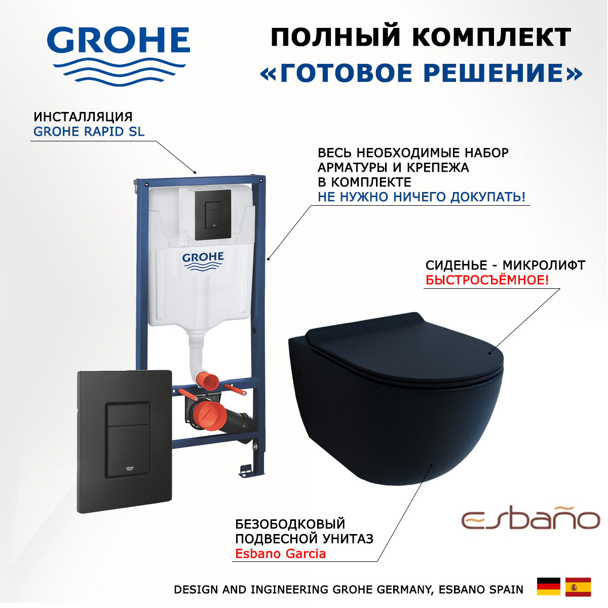 

Комплект инсталляция Grohe + Унитаз Esbano Garcia + кнопка черная