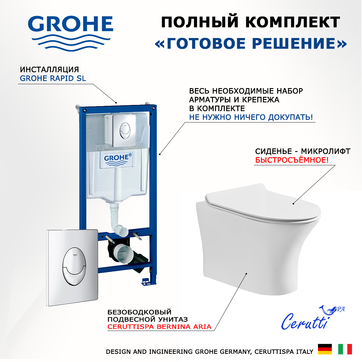 

Комплект инсталляция Grohe + унитаз Bernina aria + кнопка хром