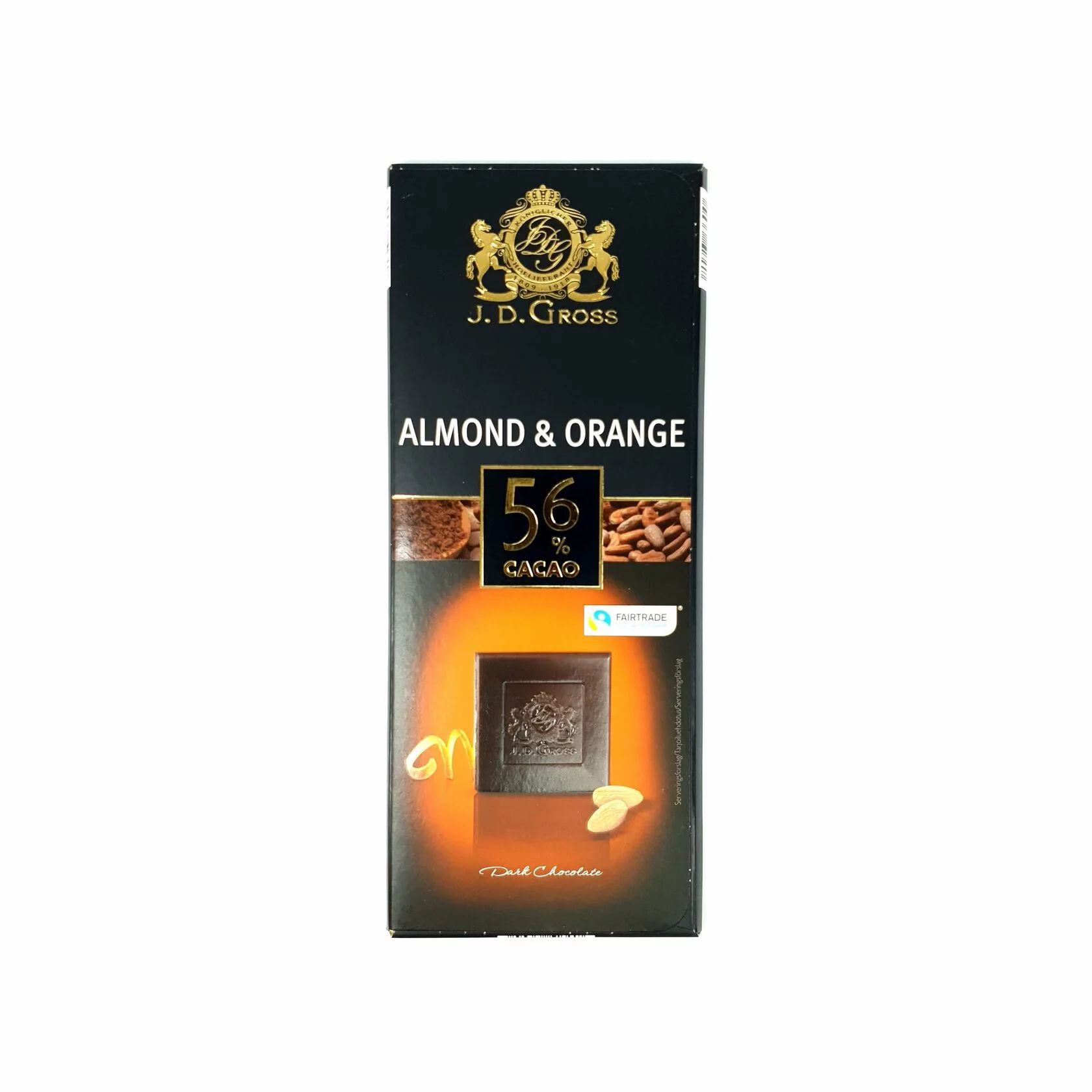 

Шоколад тёмный J.D. Gross Almond-Orange с миндалём и апельсином какао 56% 125 г, немецкий