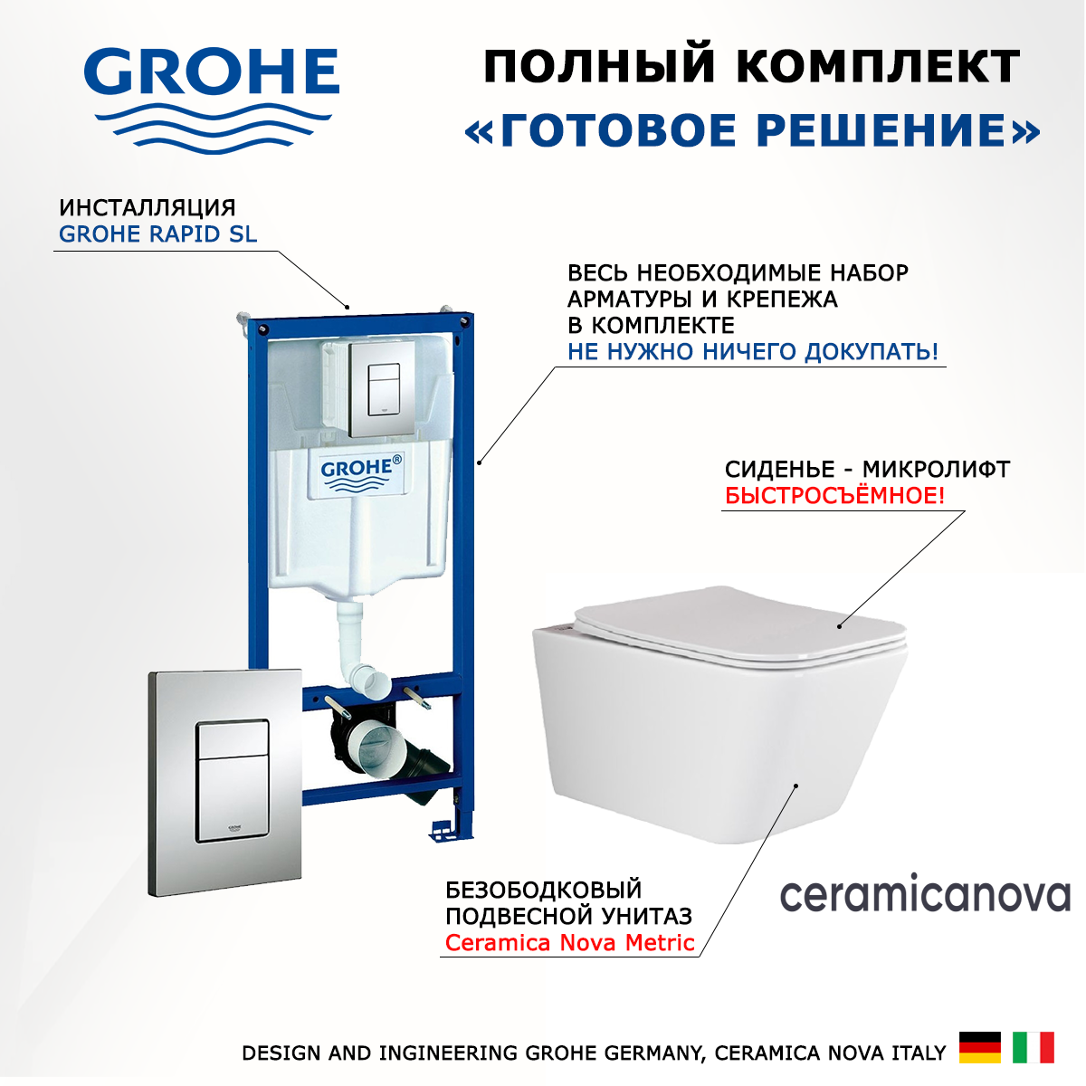 

Комплект инсталляция Grohe + Унитаз Ceramica Nova Metric Rimless + кнопка хром