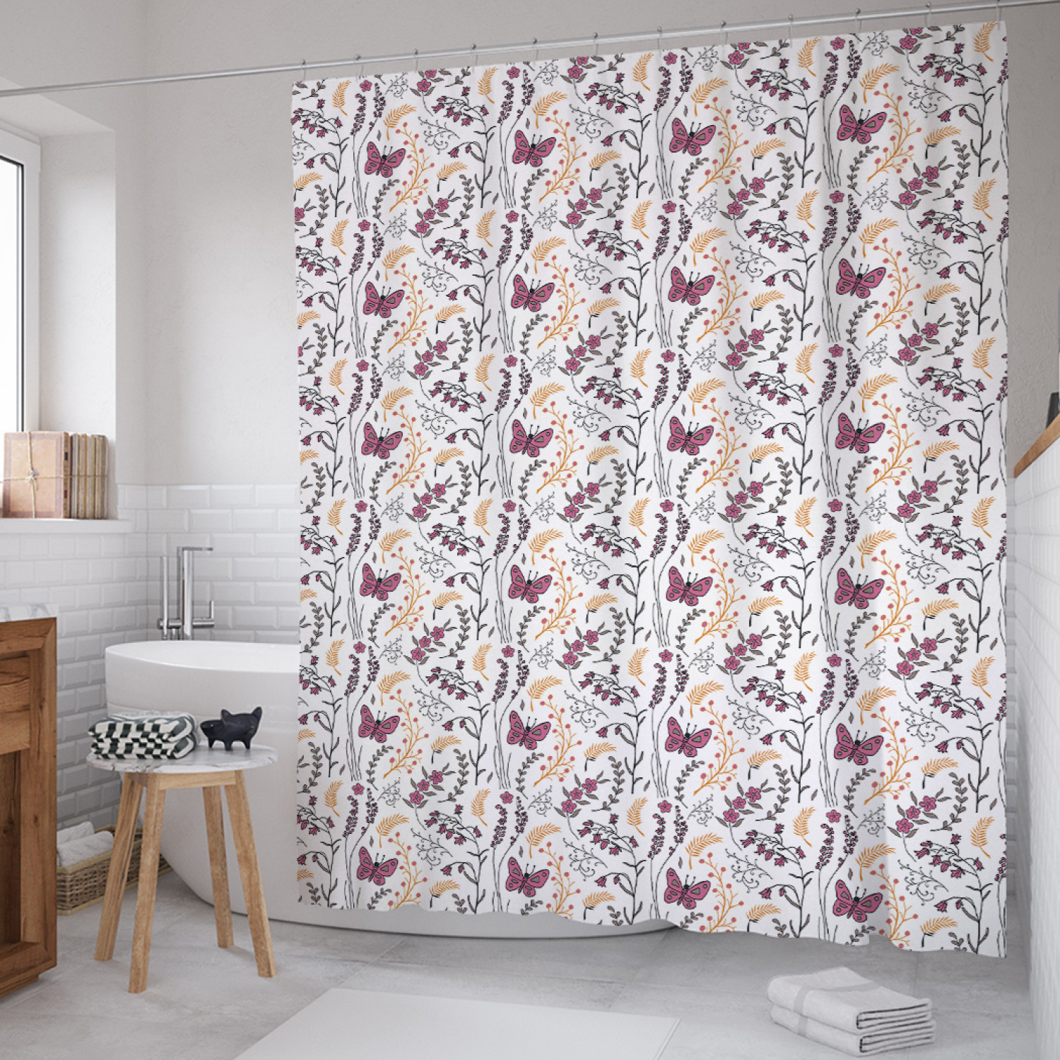 

Штора для ванной JoyArty "Полевые мотыльки" из сатена, 180х200 см с крючками, Бежевый, Полевые мотыльки