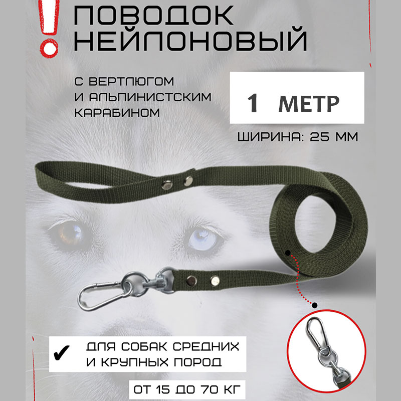 

Поводок для собак Хвостатыч с вертлюгом и альпинистским карабином, нейлон, 1 м х 25 мм