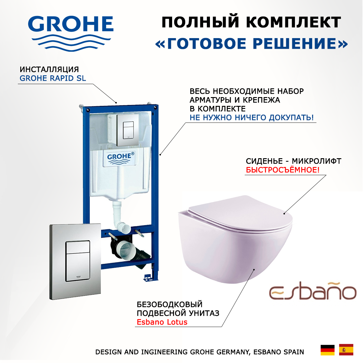 

Комплект инсталляция Grohe + Унитаз Esbano Lotus + кнопка хром