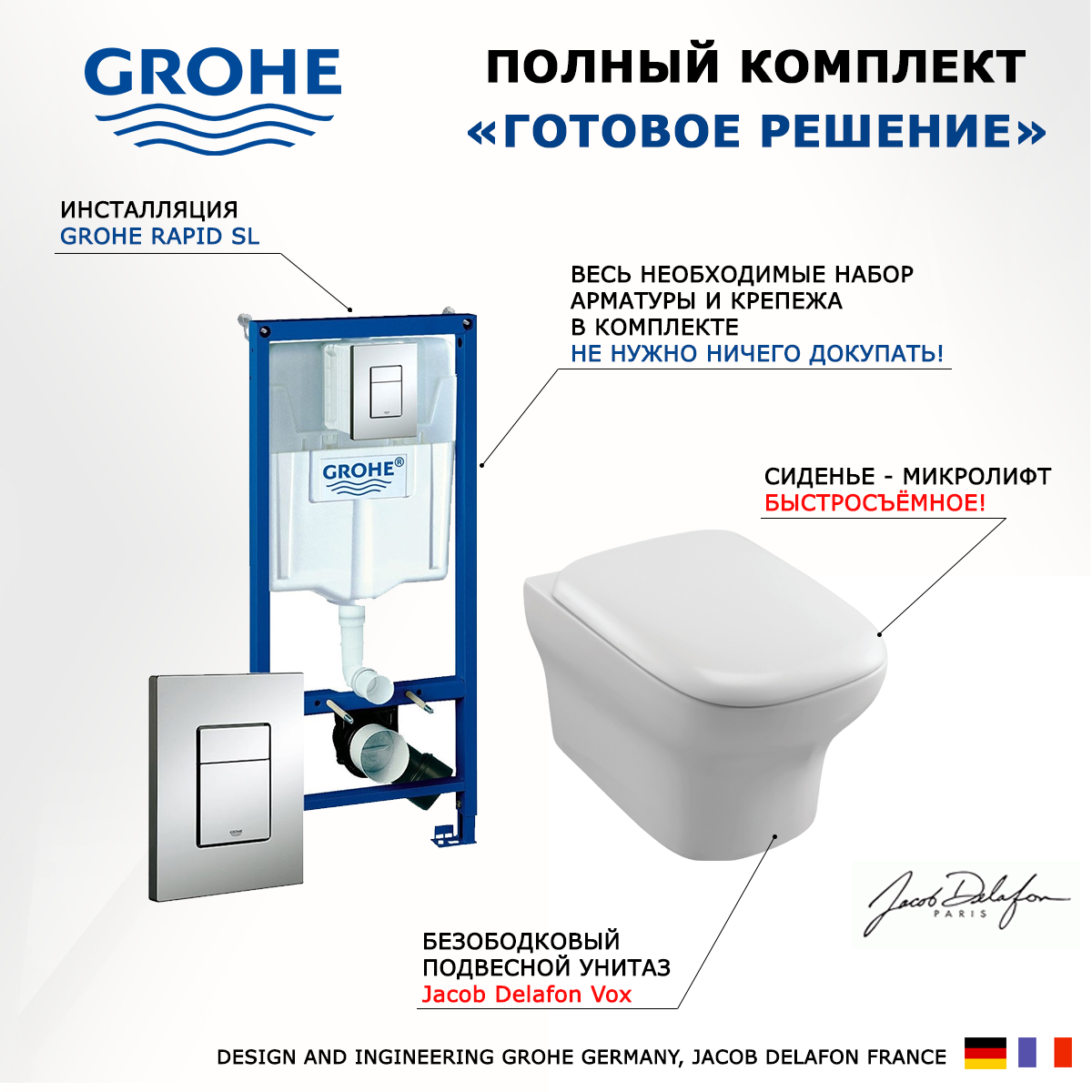 

Комплект инсталляция Grohe + Унитаз Jacob Delafon Vox + кнопка хром