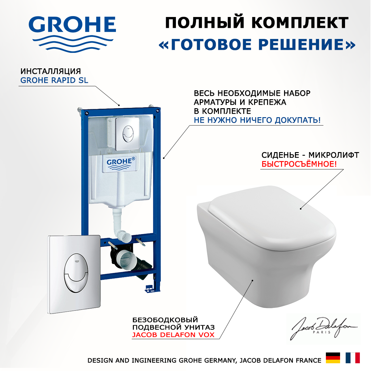 

Комплект инсталляция Grohe + Унитаз Jacob Delafon Vox + кнопка Skate Air