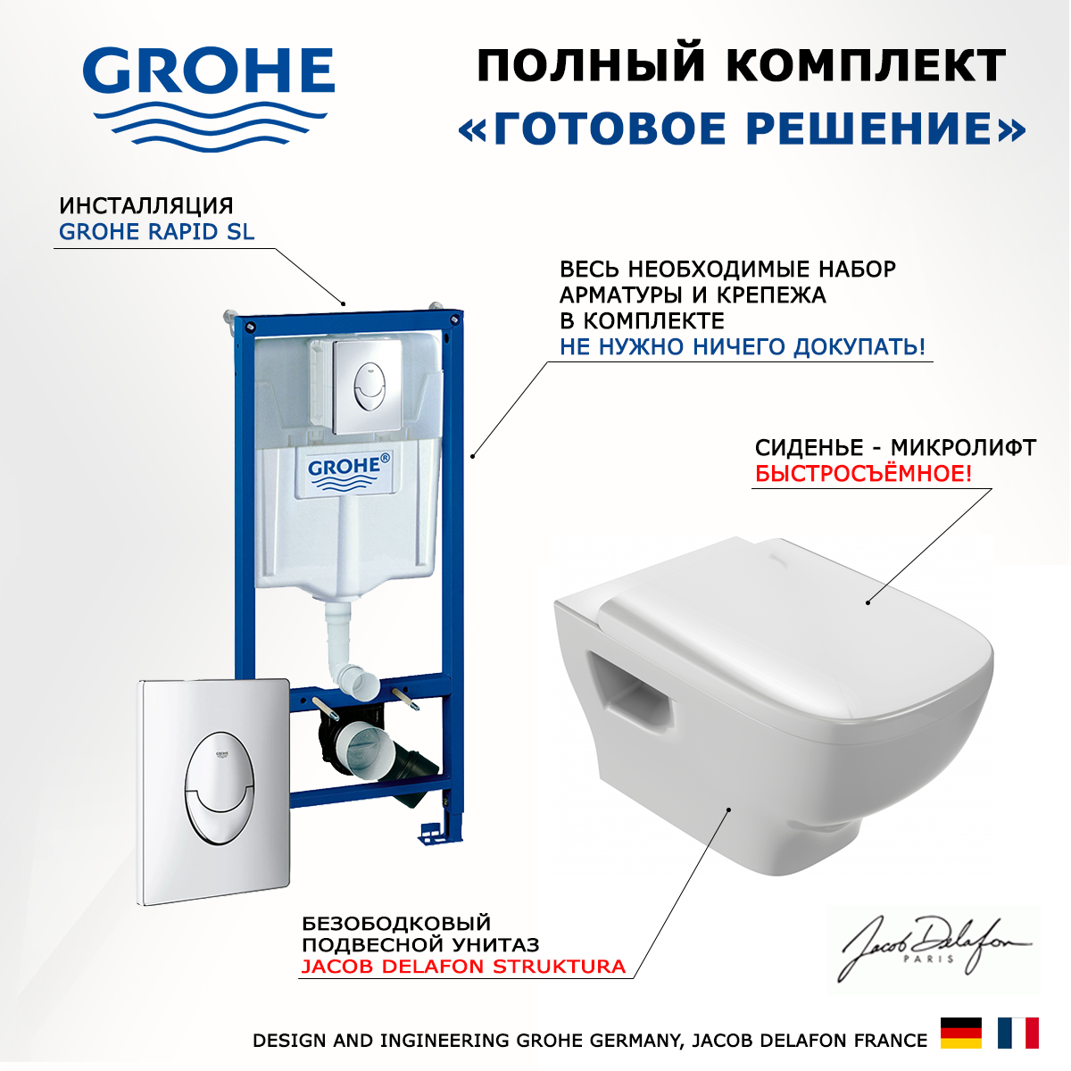 

Комплект инсталляция Grohe + Унитаз Jacob Delafon Struktura + кнопка Skate Air