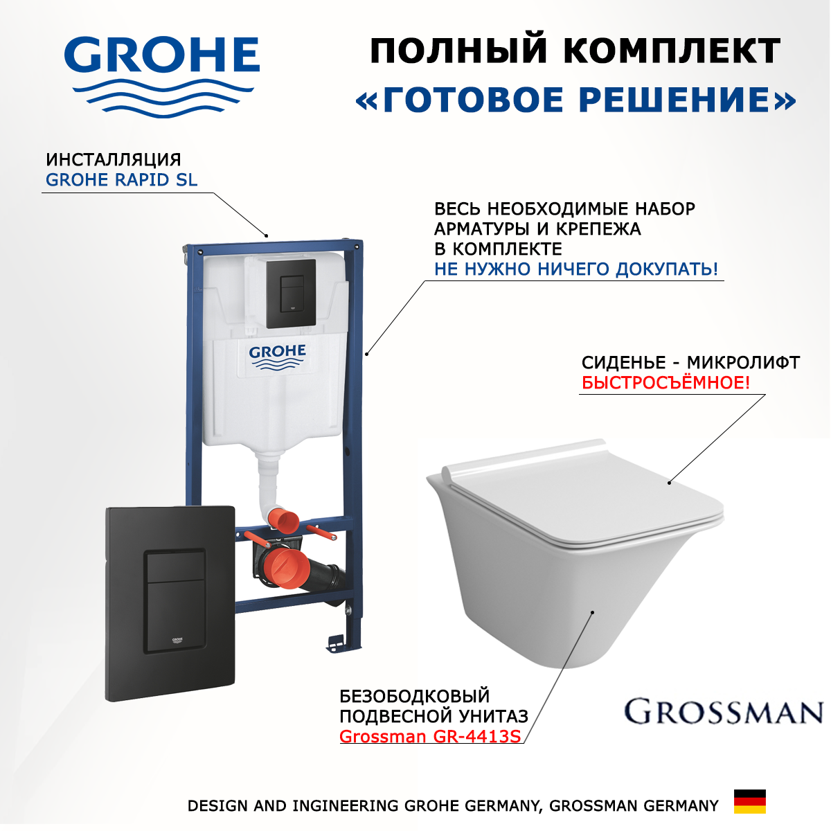 

Комплект инсталляция Grohe + Унитаз Grossman GR-4413S + кнопка черная