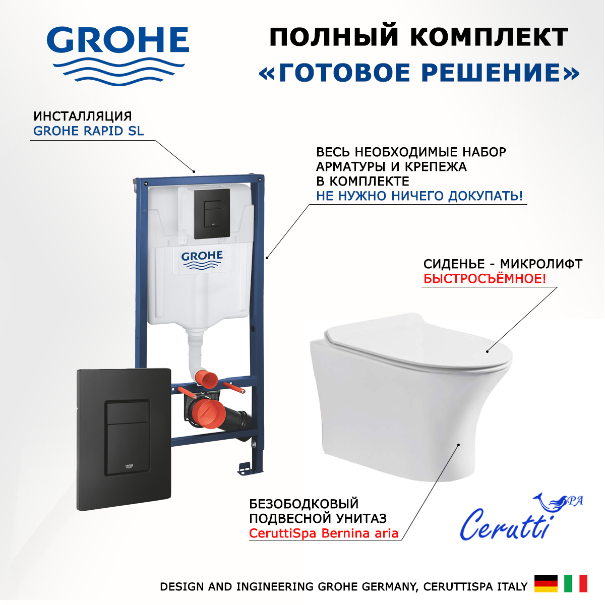 

Комплект инсталляция Grohe + унитаз Bernina aria + кнопка черная