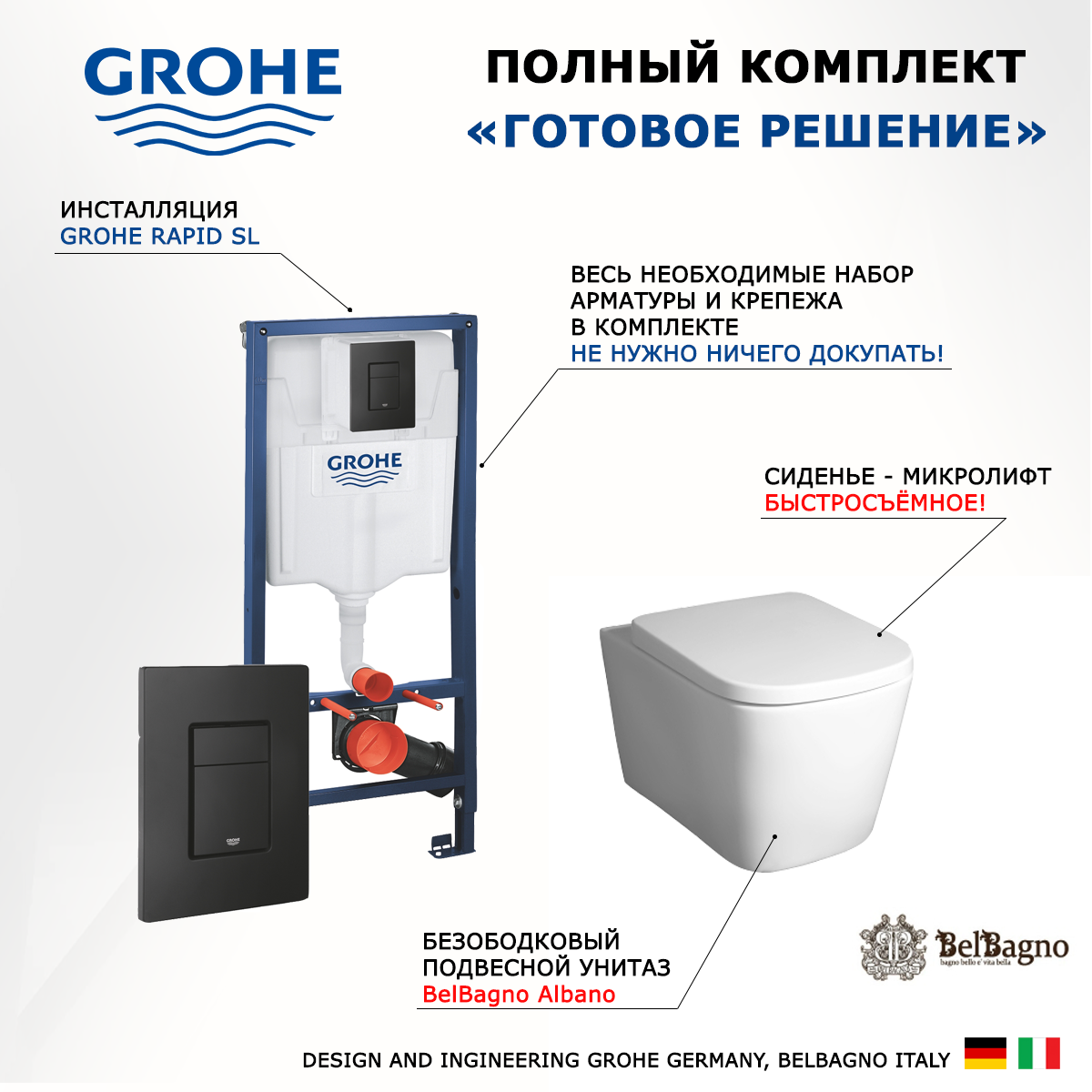 Комплект инсталляция Grohe + Унитаз BelBagno Albano + кнопка черная