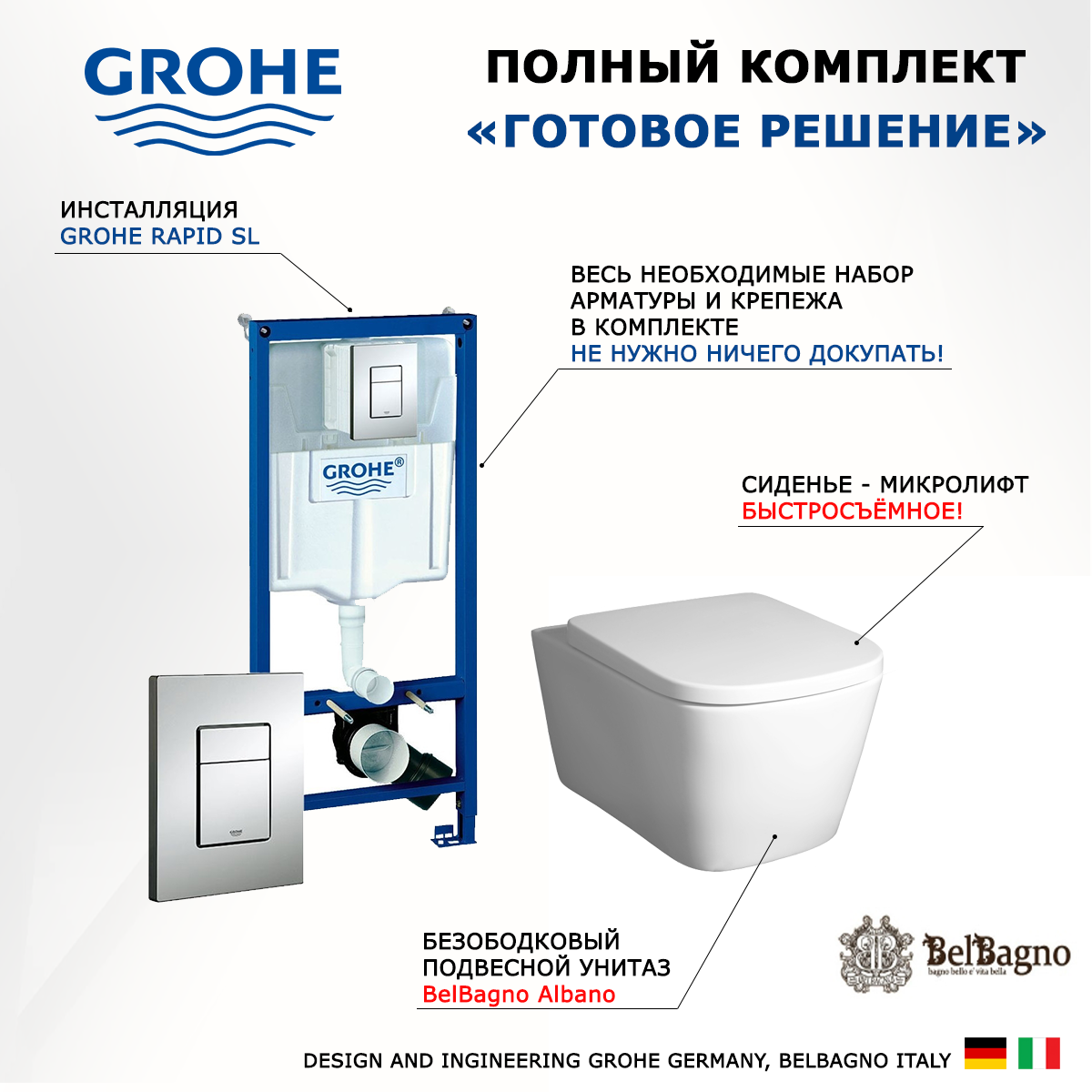 

Комплект инсталляция Grohe + Унитаз BelBagno Albano + кнопка хром