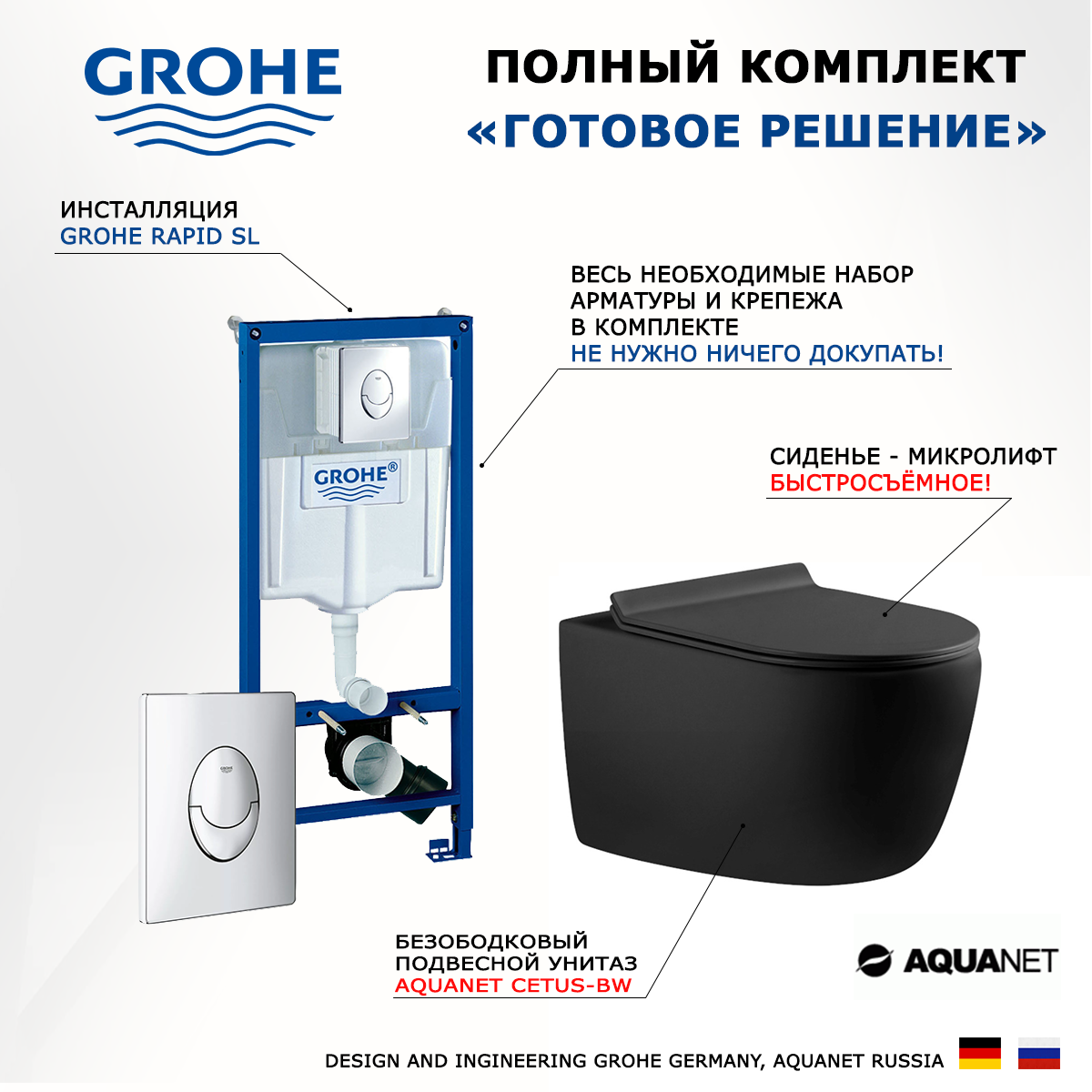 

Комплект инсталляция Grohe + Унитаз Aquanet Cetus + кнопка хром