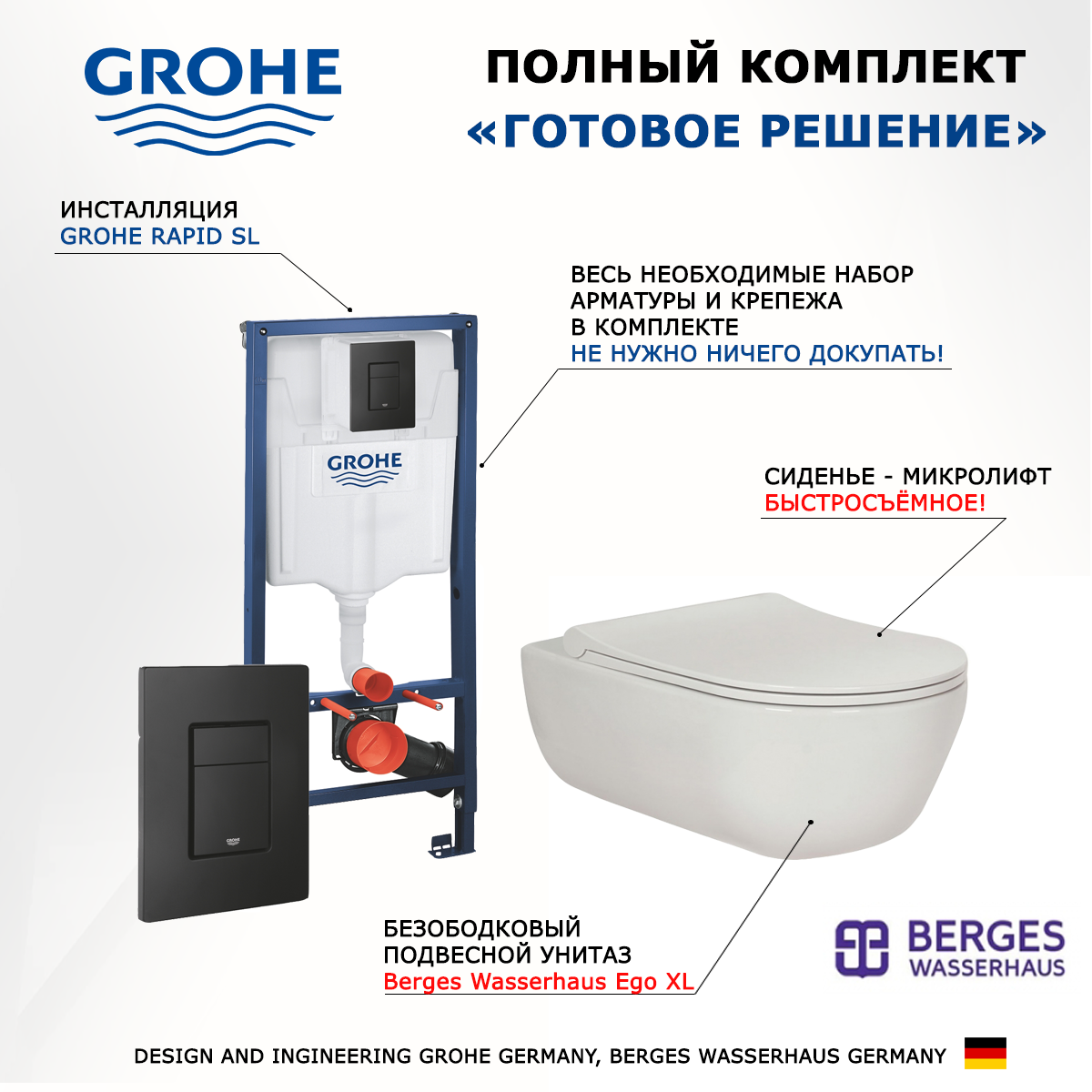 

Комплект инсталляция Grohe + Унитаз Berges Wasserhaus Ego XL + черная кнопка